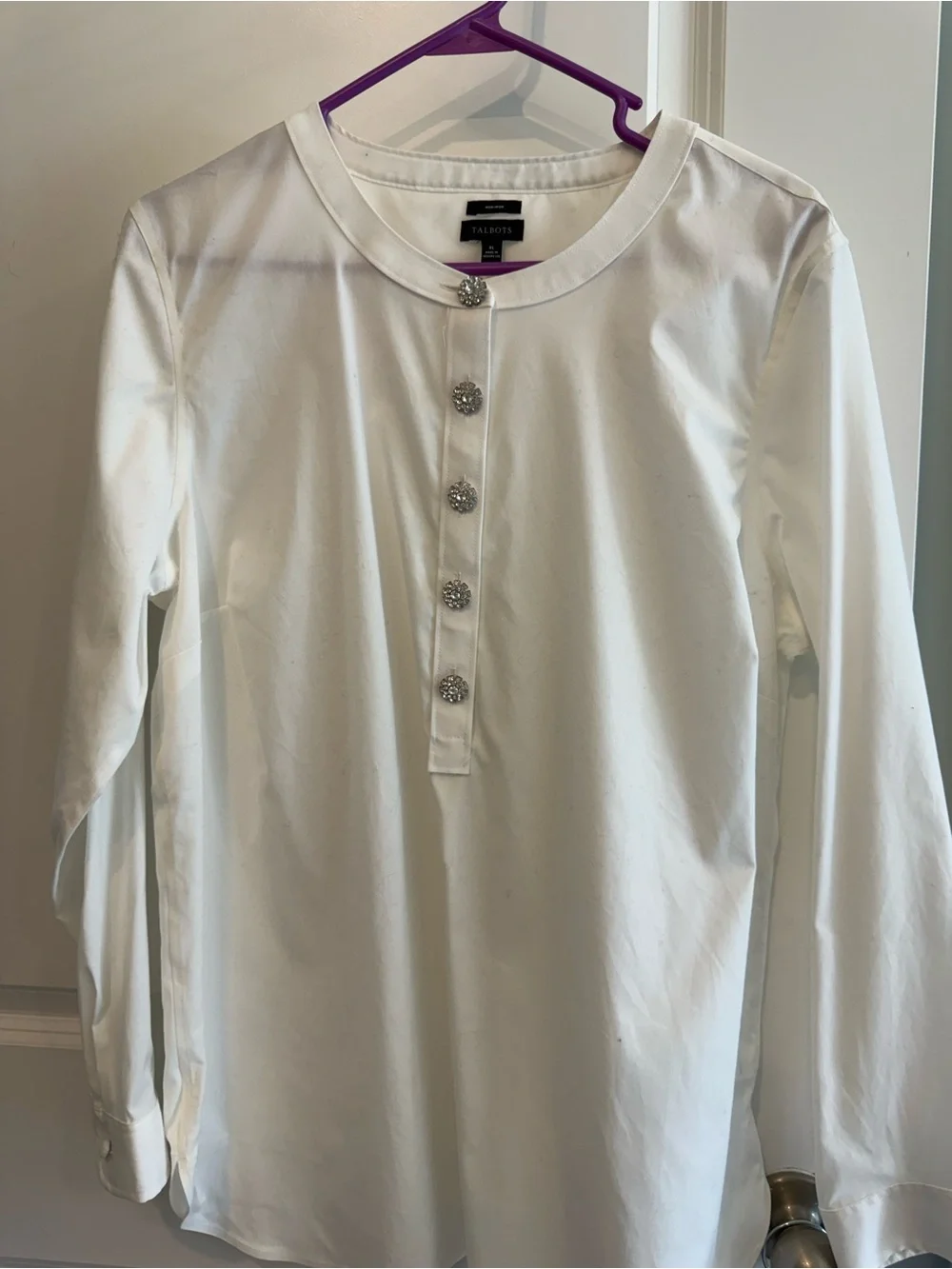 Talbots White Button-Down Top with Crystal Buttons